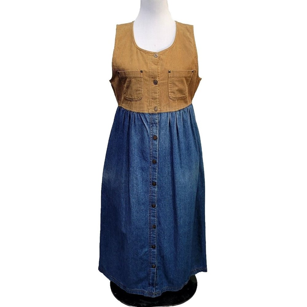 Vintage 90s D.P.S Womens M Tan Corduroy Denim Jumper Tank Shirt Dress